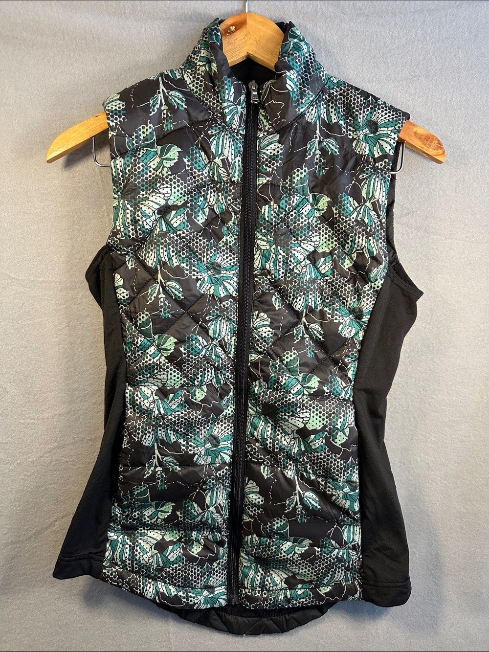 ZELOS Black Quilted Vest with Green Floral Print